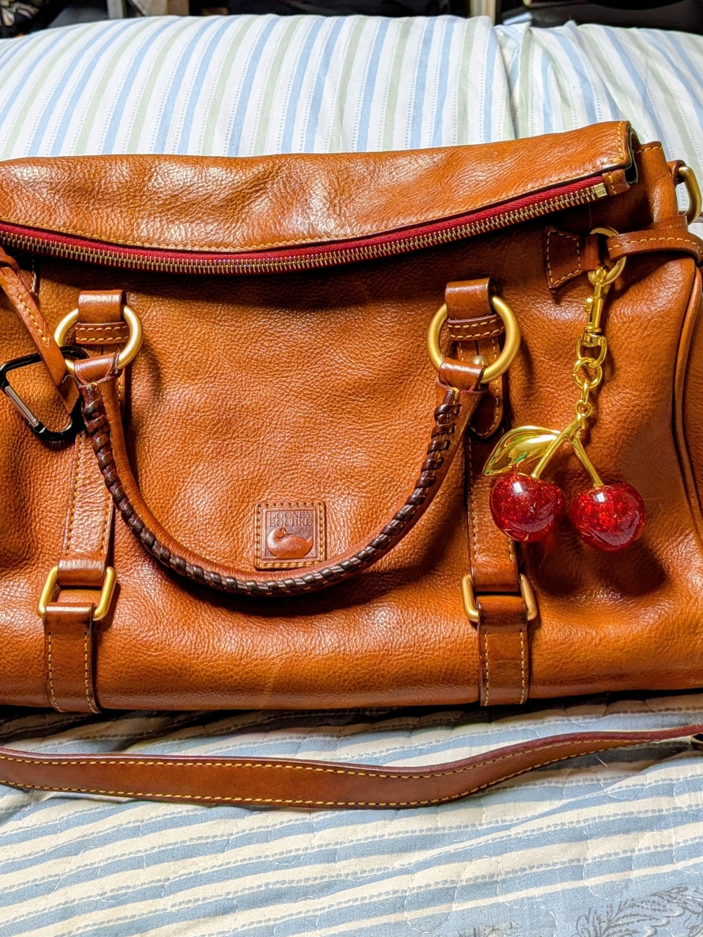 Dooney & Bourke Tan Leather Satchel with Cherry Charm
